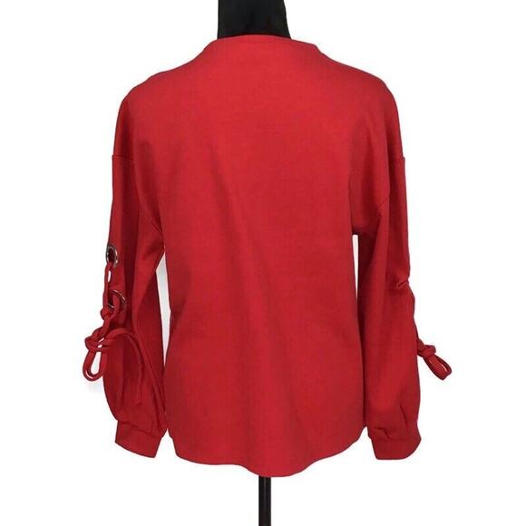 Velvet Heart Red Pullover Sweatshirt Grommet Lace Up Cut out Sleeve NEW Small - Picture 6 of 7